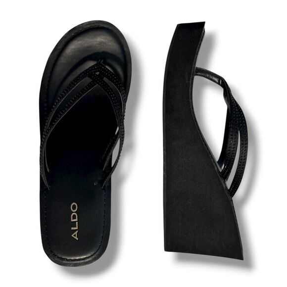 Aldo Women's Black Wedge Sandals Size 8 Rhinestone Flip Flop - Picture 2 of 7